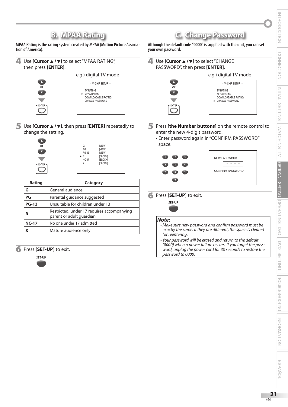 B. mpaa rating, C. change password | Philips Magnavox CD130MW8 User Manual | Page 21 / 90