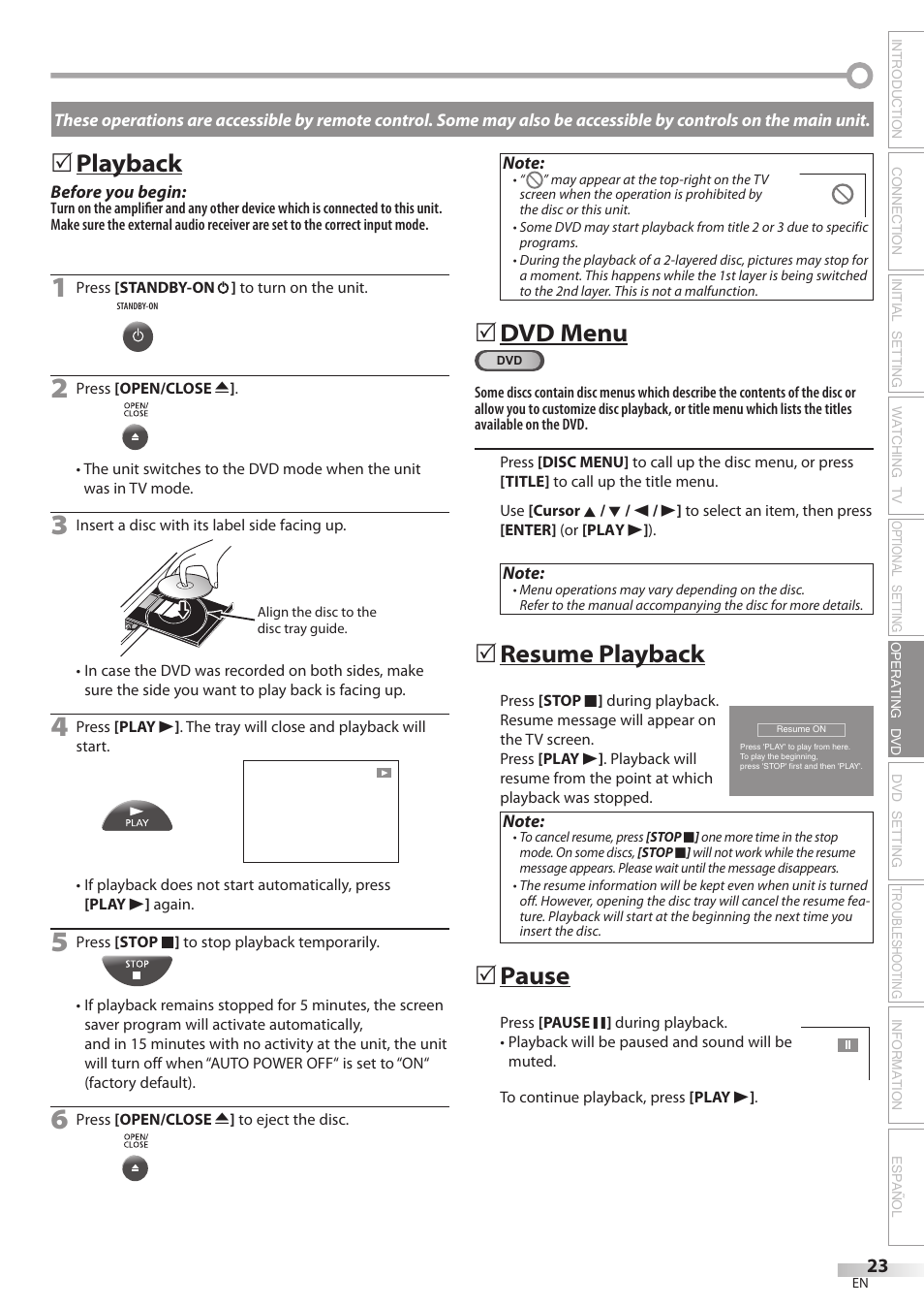 Playback, Dvd menu, Resume playback | Pause | Philips Magnavox CD130MW8 User Manual | Page 23 / 90