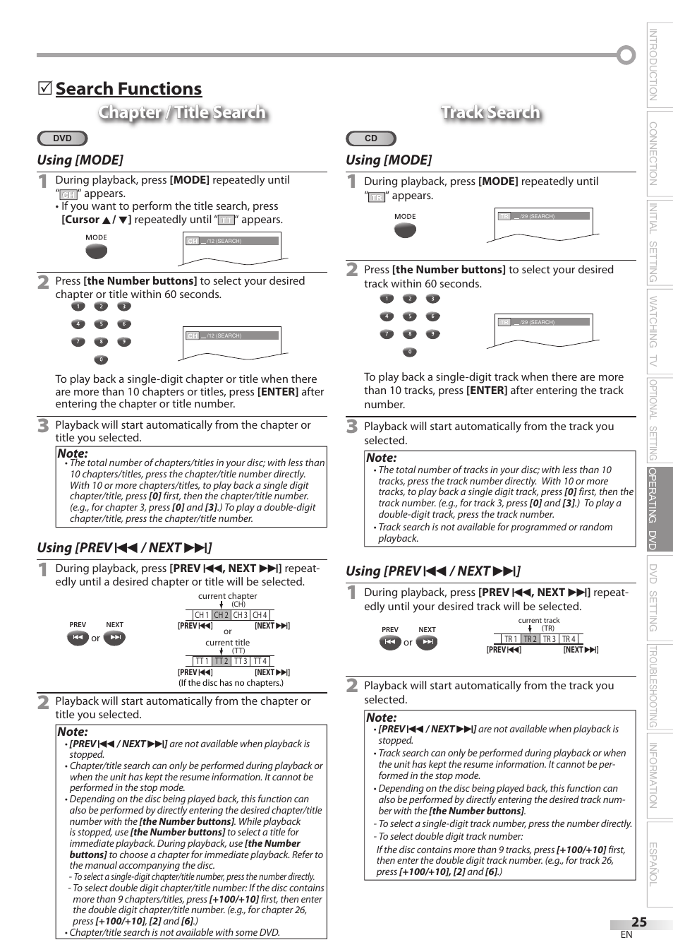 5track search track search, Using [mode, Using [prev h / next g | Philips Magnavox CD130MW8 User Manual | Page 25 / 90