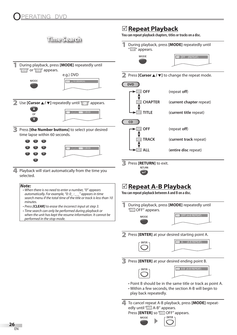 Perating dvd, Time search, Repeat playback | Repeat a-b playback | Philips Magnavox CD130MW8 User Manual | Page 26 / 90