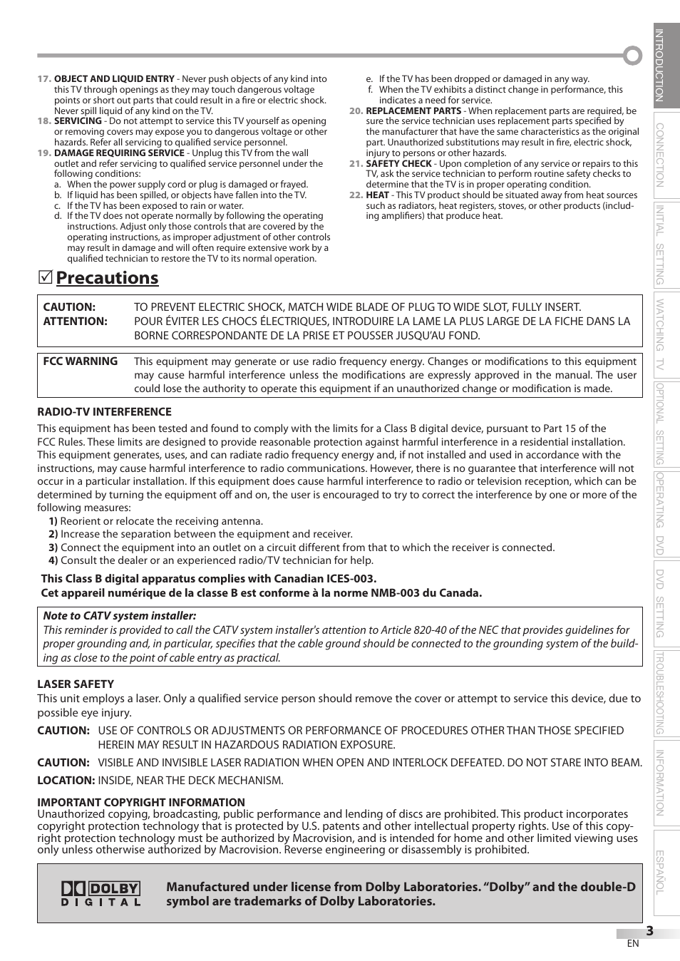 Precautions | Philips Magnavox CD130MW8 User Manual | Page 3 / 90