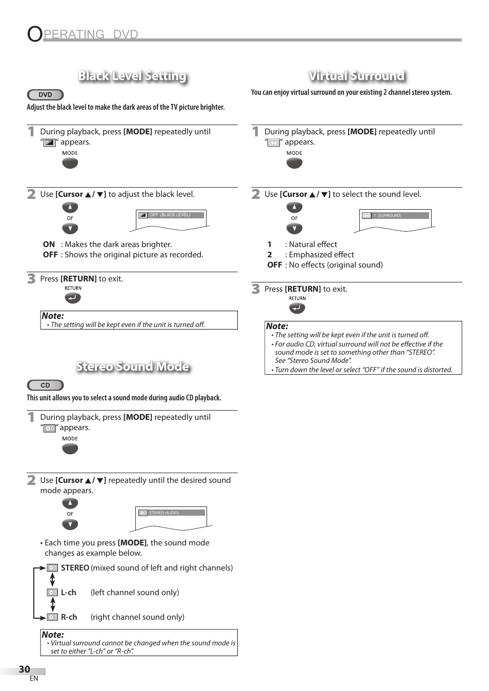 Perating dvd, Black level setting, Stereo sound mode | Virtual surround | Philips Magnavox CD130MW8 User Manual | Page 30 / 90