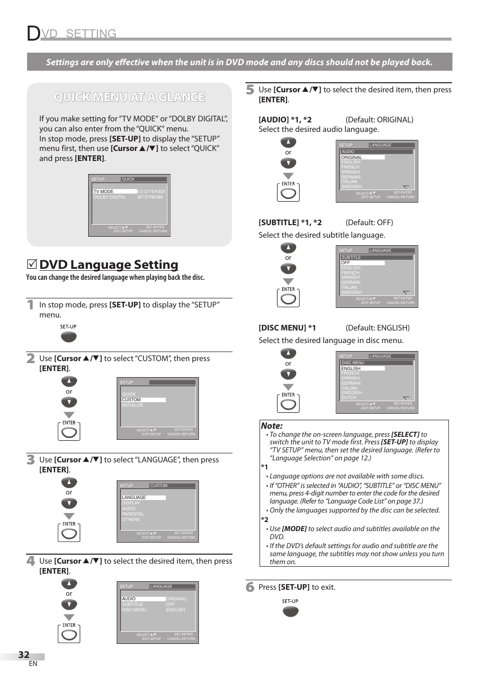 Vd setting, Quick menu at a glance, Dvd language setting | Philips Magnavox CD130MW8 User Manual | Page 32 / 90