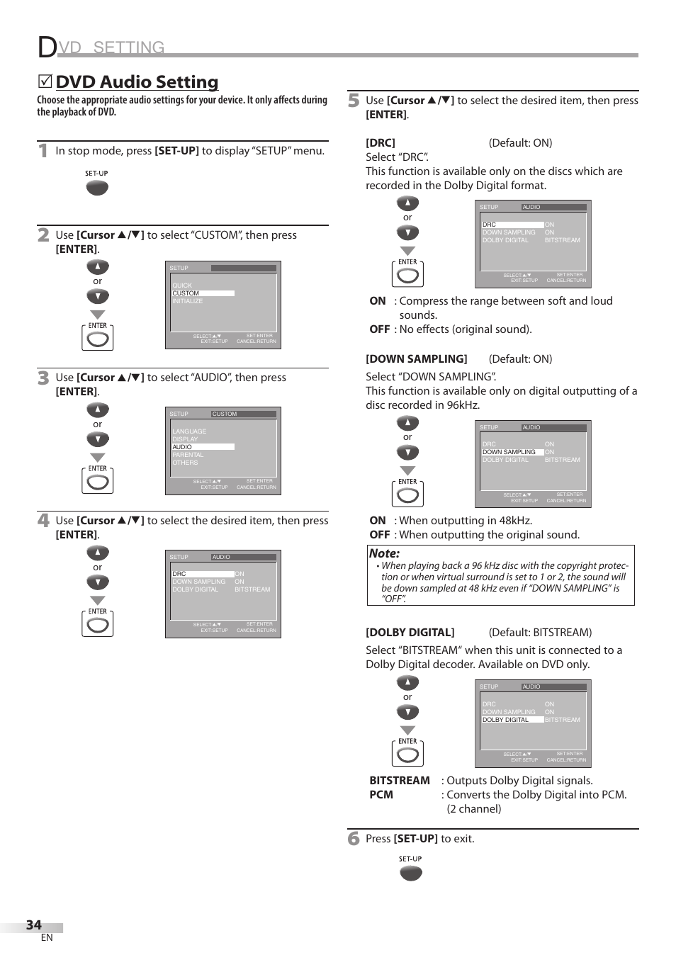 Vd setting, Dvd audio setting | Philips Magnavox CD130MW8 User Manual | Page 34 / 90