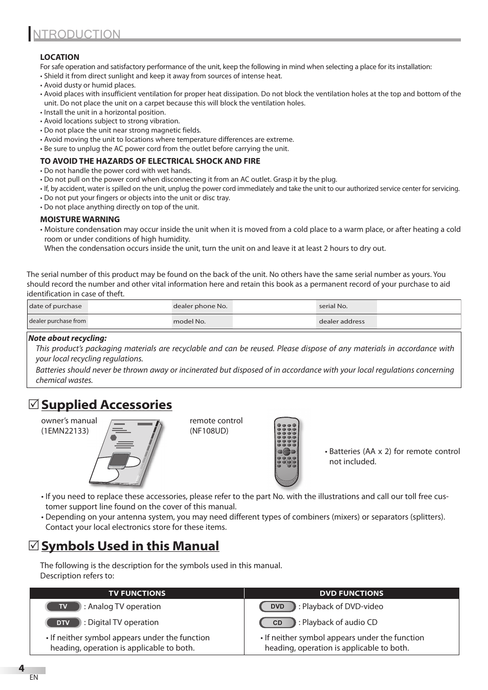 Ntroduction, Supplied accessories 5, Symbols used in this manual 5 | Philips Magnavox CD130MW8 User Manual | Page 4 / 90