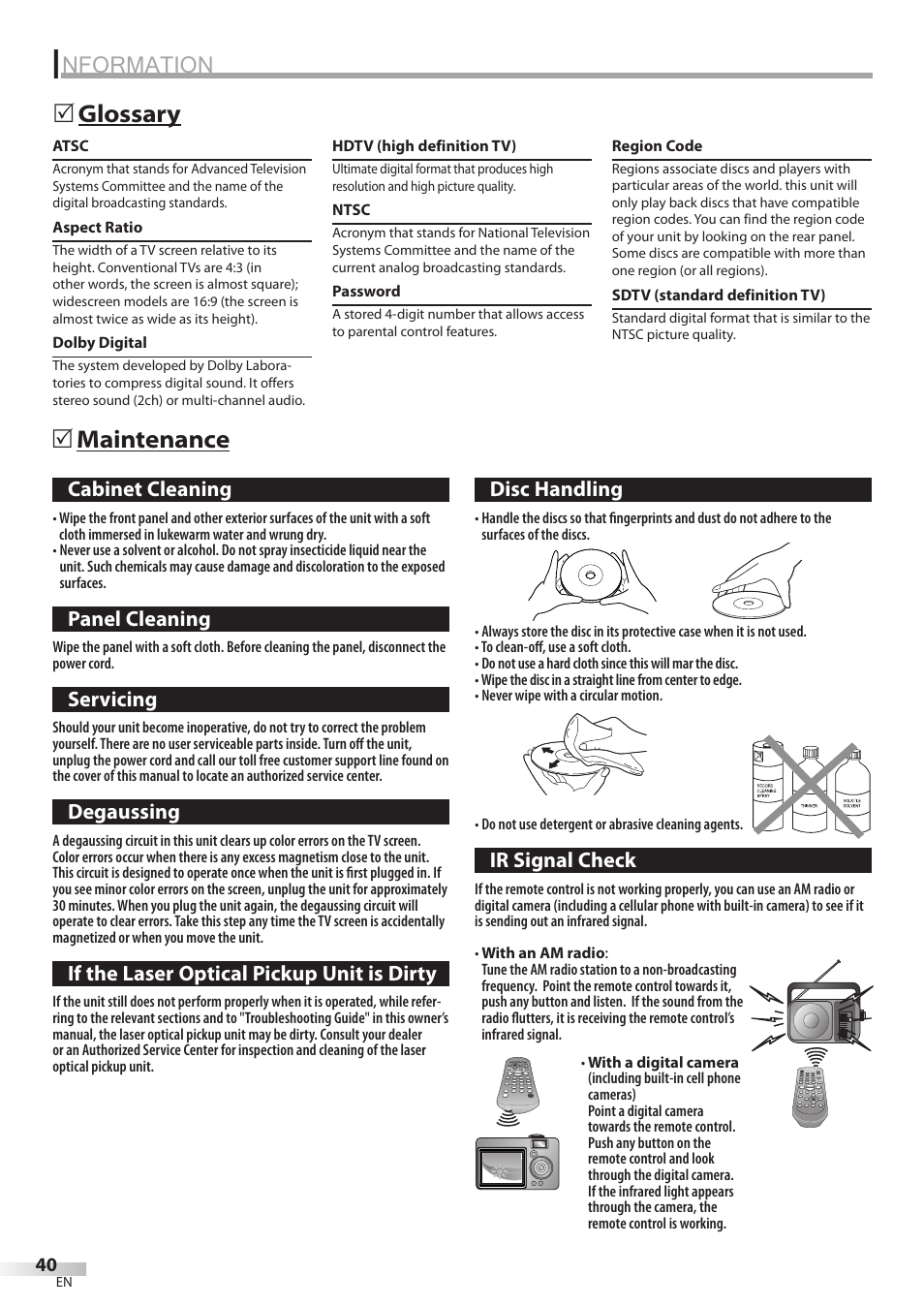 Nformation, Maintenance 5 glossary 5, Cabinet cleaning | Panel cleaning, Servicing, Degaussing, If the laser optical pickup unit is dirty, Disc handling, Ir signal check | Philips Magnavox CD130MW8 User Manual | Page 40 / 90