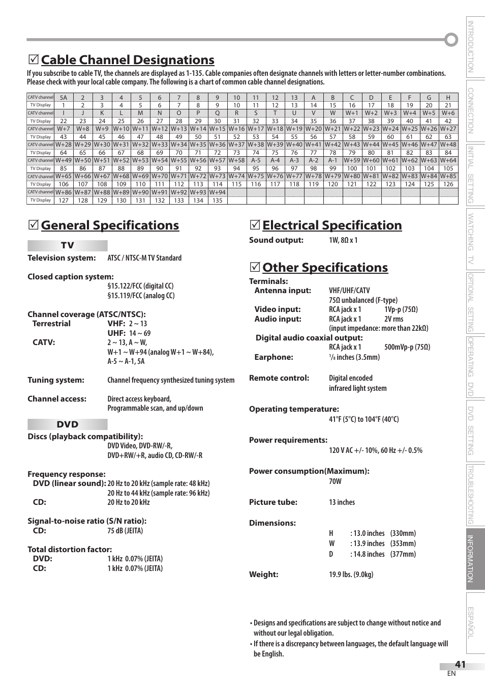 5electrical specification, Other specifications | Philips Magnavox CD130MW8 User Manual | Page 41 / 90