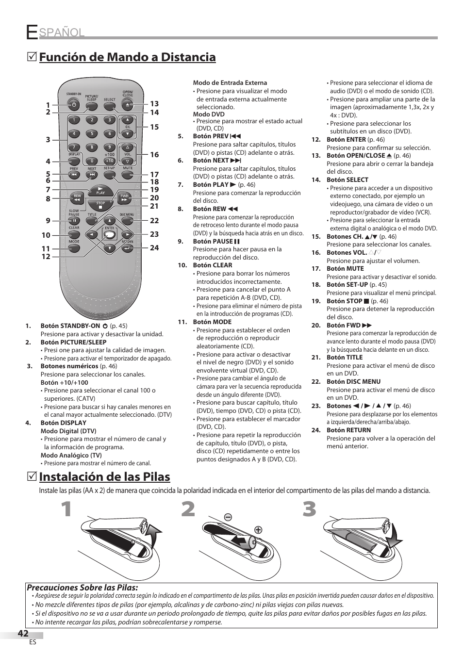 Spañol, Función de mando a distancia 5, Instalación de las pilas | Precauciones sobre las pilas | Philips Magnavox CD130MW8 User Manual | Page 42 / 90