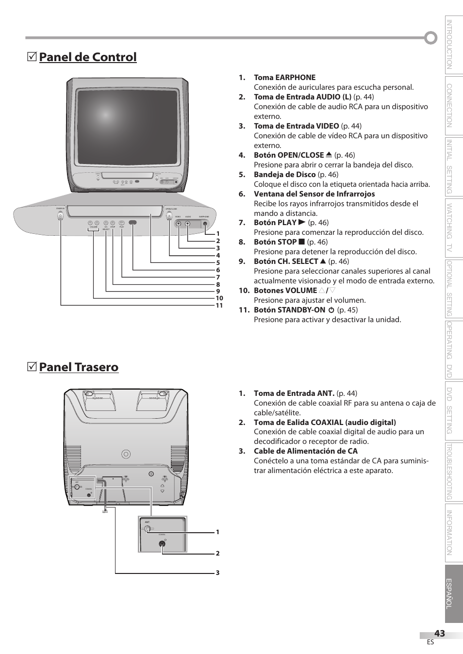 Panel de control 5 panel trasero 5 | Philips Magnavox CD130MW8 User Manual | Page 43 / 90