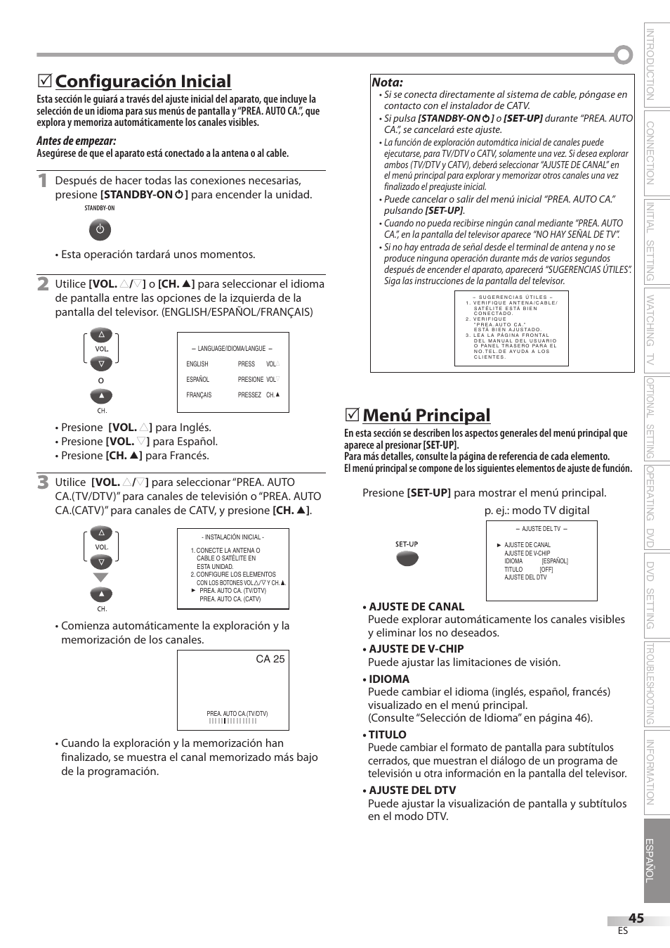 Configuración inicial, Menú principal | Philips Magnavox CD130MW8 User Manual | Page 45 / 90