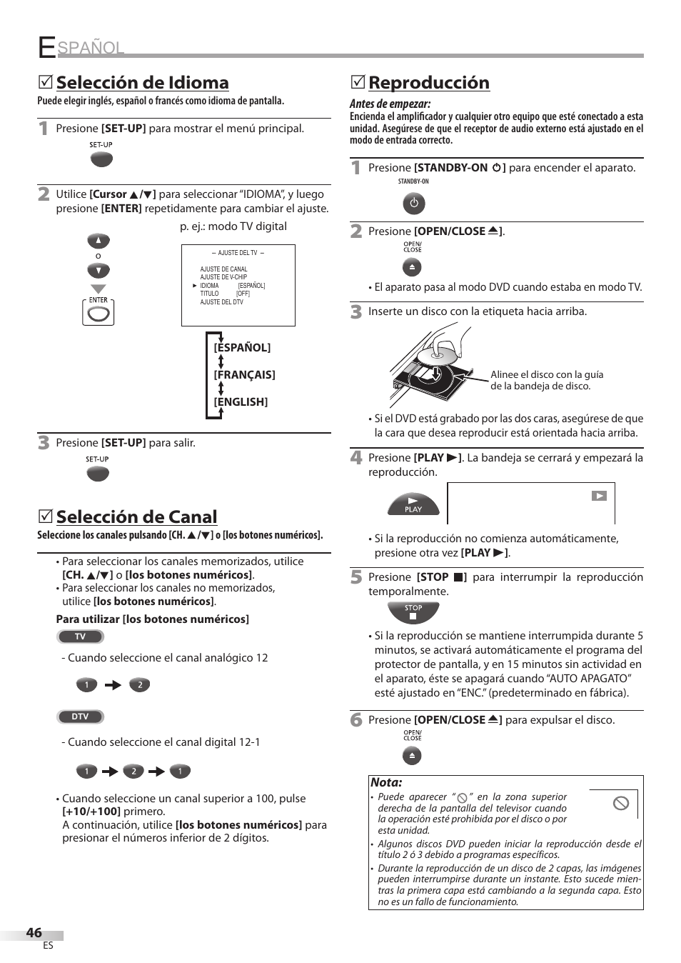 Spañol, Selección de idioma, Selección de canal | 5reproducción | Philips Magnavox CD130MW8 User Manual | Page 46 / 90