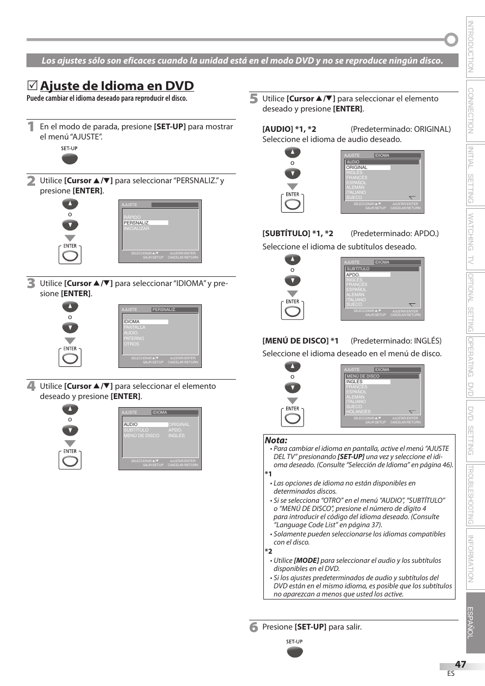 Ajuste de idioma en dvd, Nota, Presione [set-up] para salir | Philips Magnavox CD130MW8 User Manual | Page 47 / 90