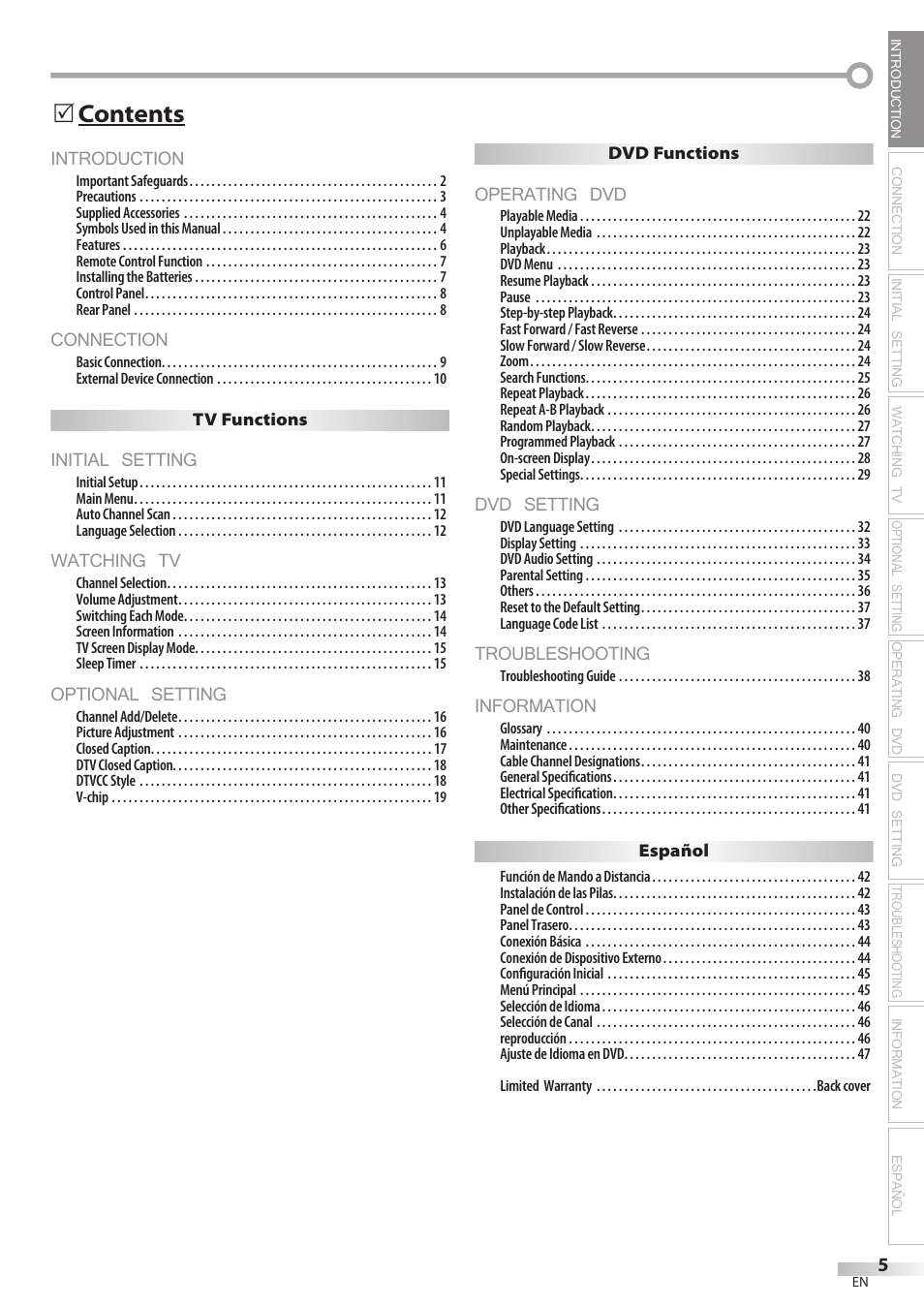 Introduction, Connection, Initial setting | Watching tv, Optional setting, Operating dvd, Dvd setting, Troubleshooting, Information, Contents 5 | Philips Magnavox CD130MW8 User Manual | Page 5 / 90