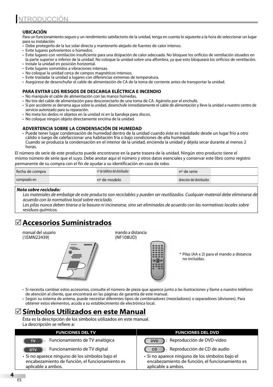 Ntroducción, Accesorios suministrados, Símbolos utilizados en este manual | Philips Magnavox CD130MW8 User Manual | Page 52 / 90