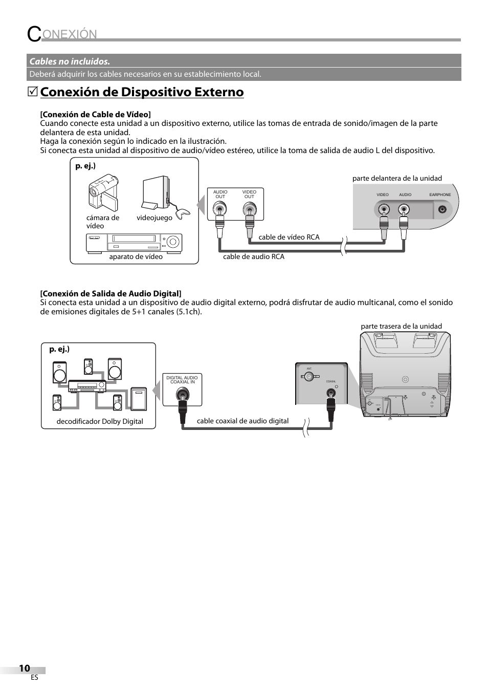 Onexión, Conexión de dispositivo externo, Cables no incluidos | Philips Magnavox CD130MW8 User Manual | Page 58 / 90