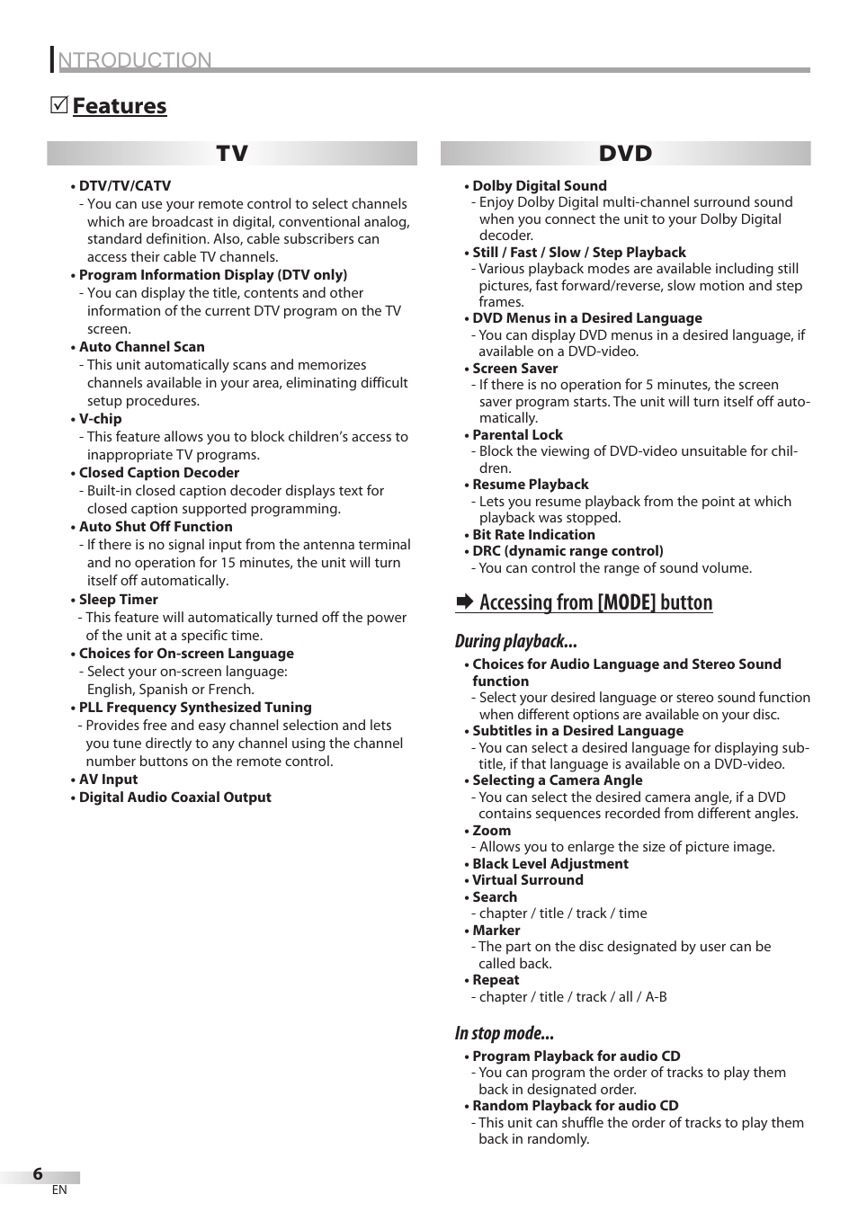 Ntroduction, Features 5, Accessing from [mode] button | Tv dvd, During playback | Philips Magnavox CD130MW8 User Manual | Page 6 / 90