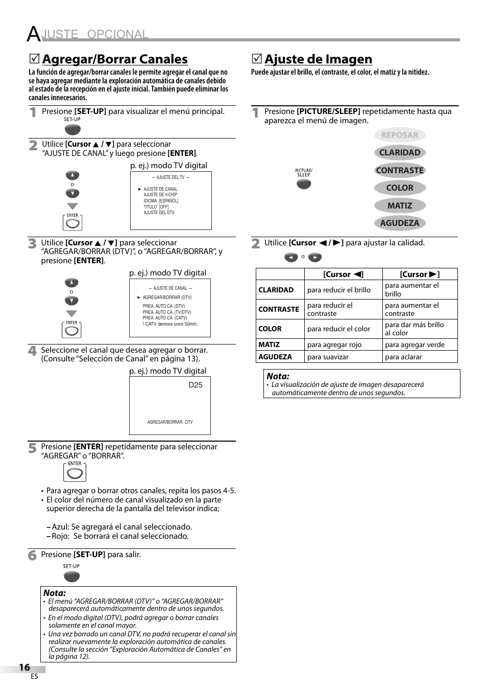 Juste opcional, Agregar/borrar canales, Ajuste de imagen | Philips Magnavox CD130MW8 User Manual | Page 64 / 90