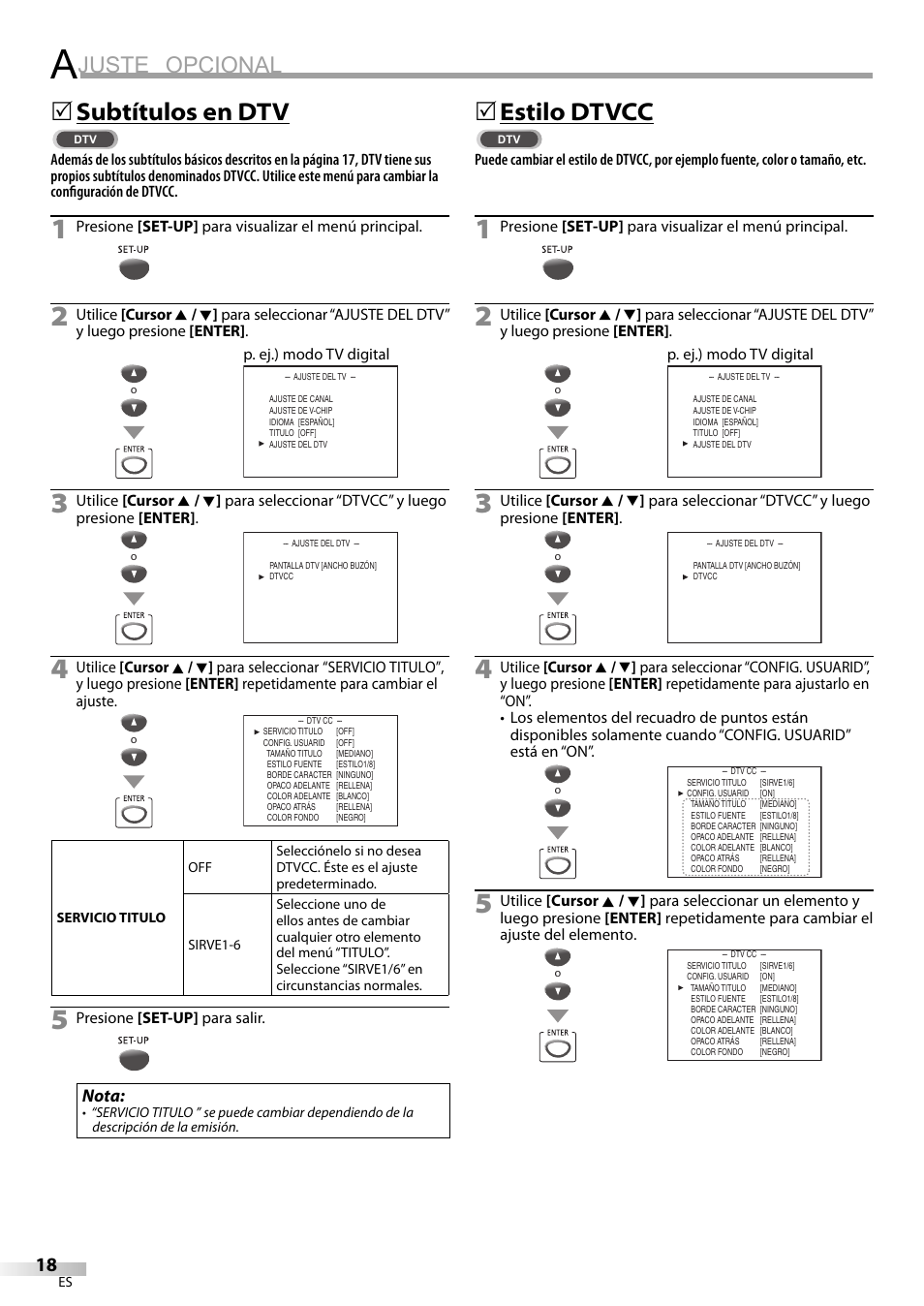 Juste opcional, Subtítulos en dtv, 5estilo dtvcc | Philips Magnavox CD130MW8 User Manual | Page 66 / 90