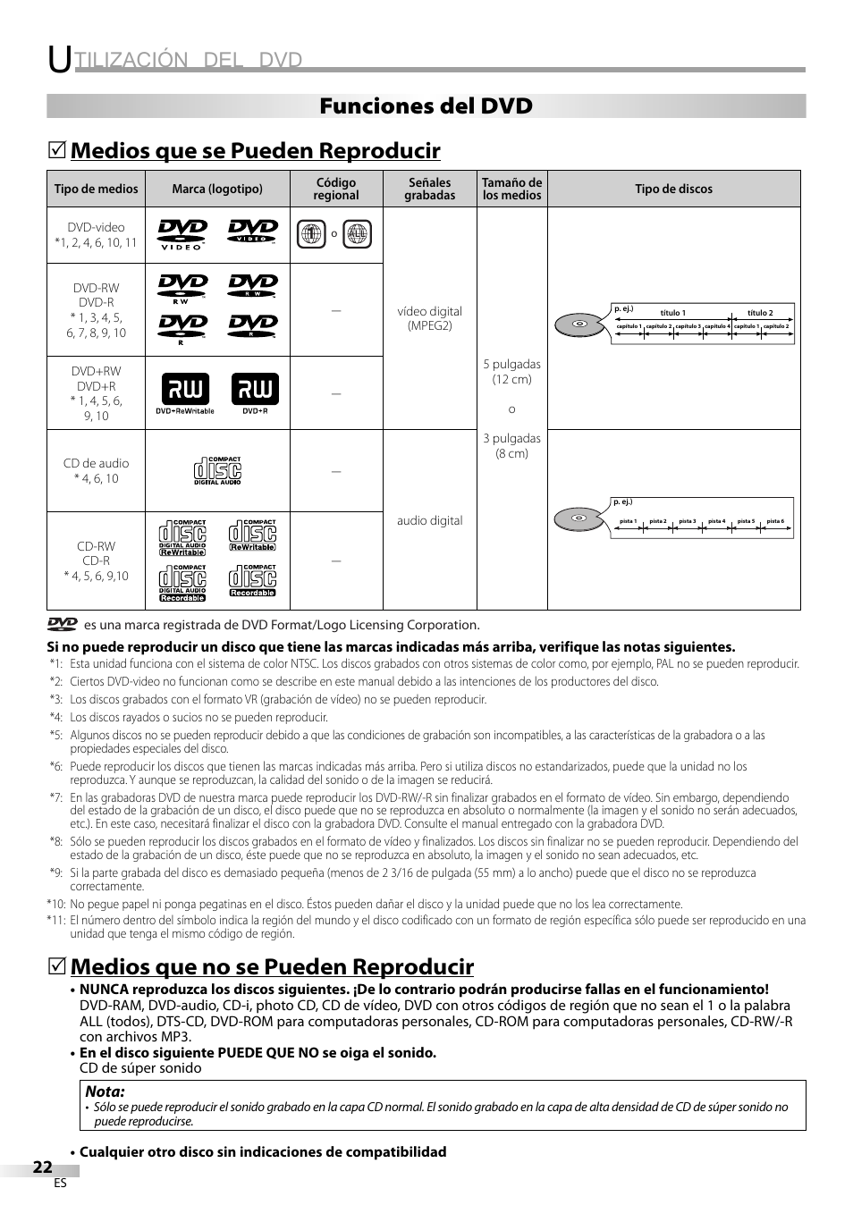 Tilización del dvd, Medios que se pueden reproducir, Medios que no se pueden reproducir | Funciones del dvd | Philips Magnavox CD130MW8 User Manual | Page 70 / 90