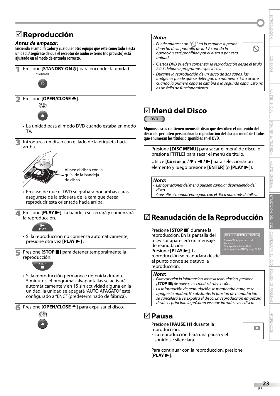 Reproducción, Menú del disco, Reanudación de la reproducción | Pausa | Philips Magnavox CD130MW8 User Manual | Page 71 / 90