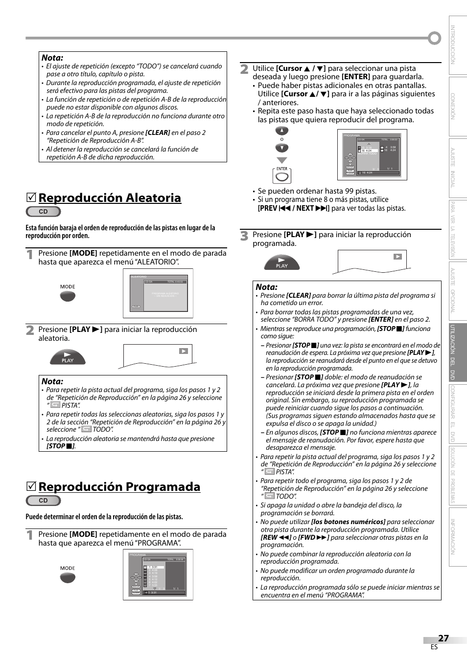 Reproducción aleatoria, Reproducción programada, Nota | Philips Magnavox CD130MW8 User Manual | Page 75 / 90