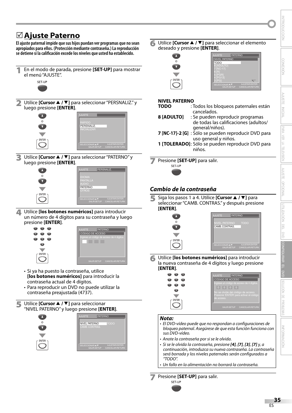 Ajuste paterno, Cambio de la contraseña, Nota | Presione [set-up] para salir | Philips Magnavox CD130MW8 User Manual | Page 83 / 90