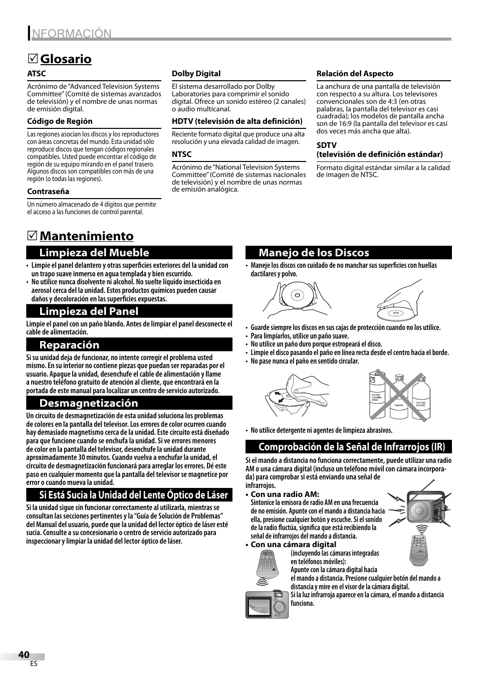 Nformación, Mantenimiento 5 glosario 5 | Philips Magnavox CD130MW8 User Manual | Page 88 / 90