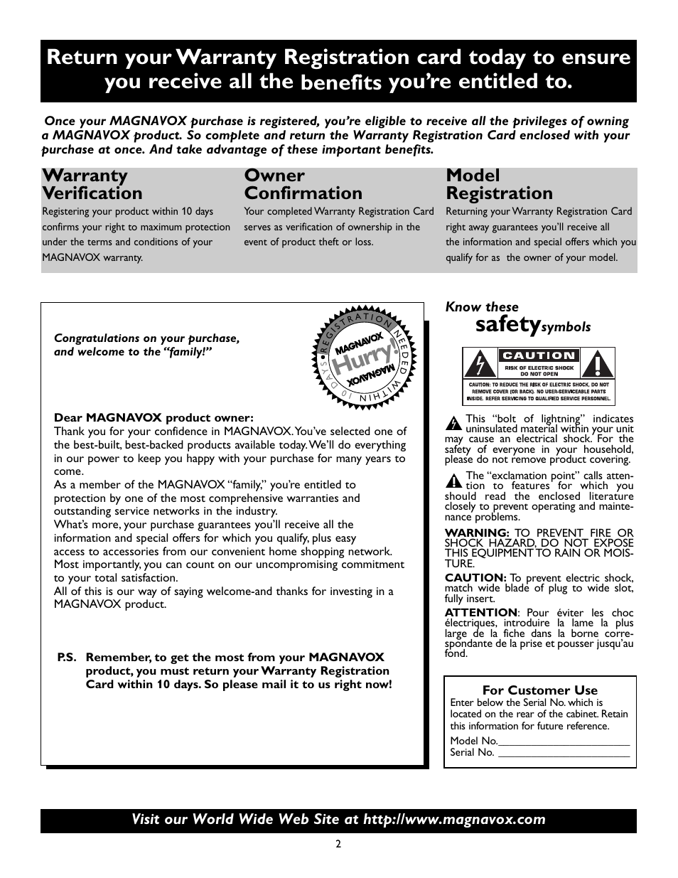 Safety, Hurry, Warranty verification | Owner confirmation, Model registration | Philips Magnavox 15MF200V/37 User Manual | Page 2 / 40