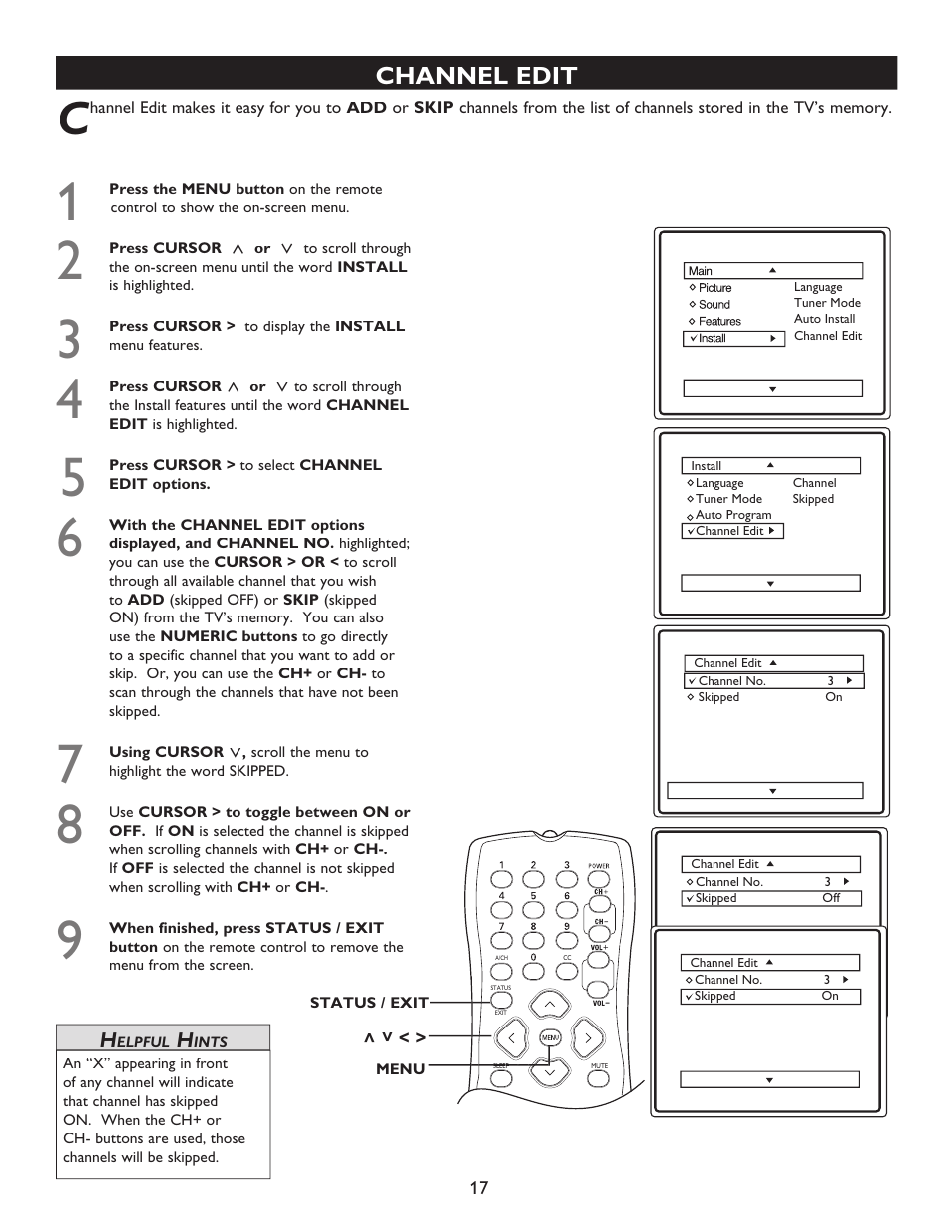 Channel edit | Philips Magnavox 20MT4405 User Manual | Page 17 / 34