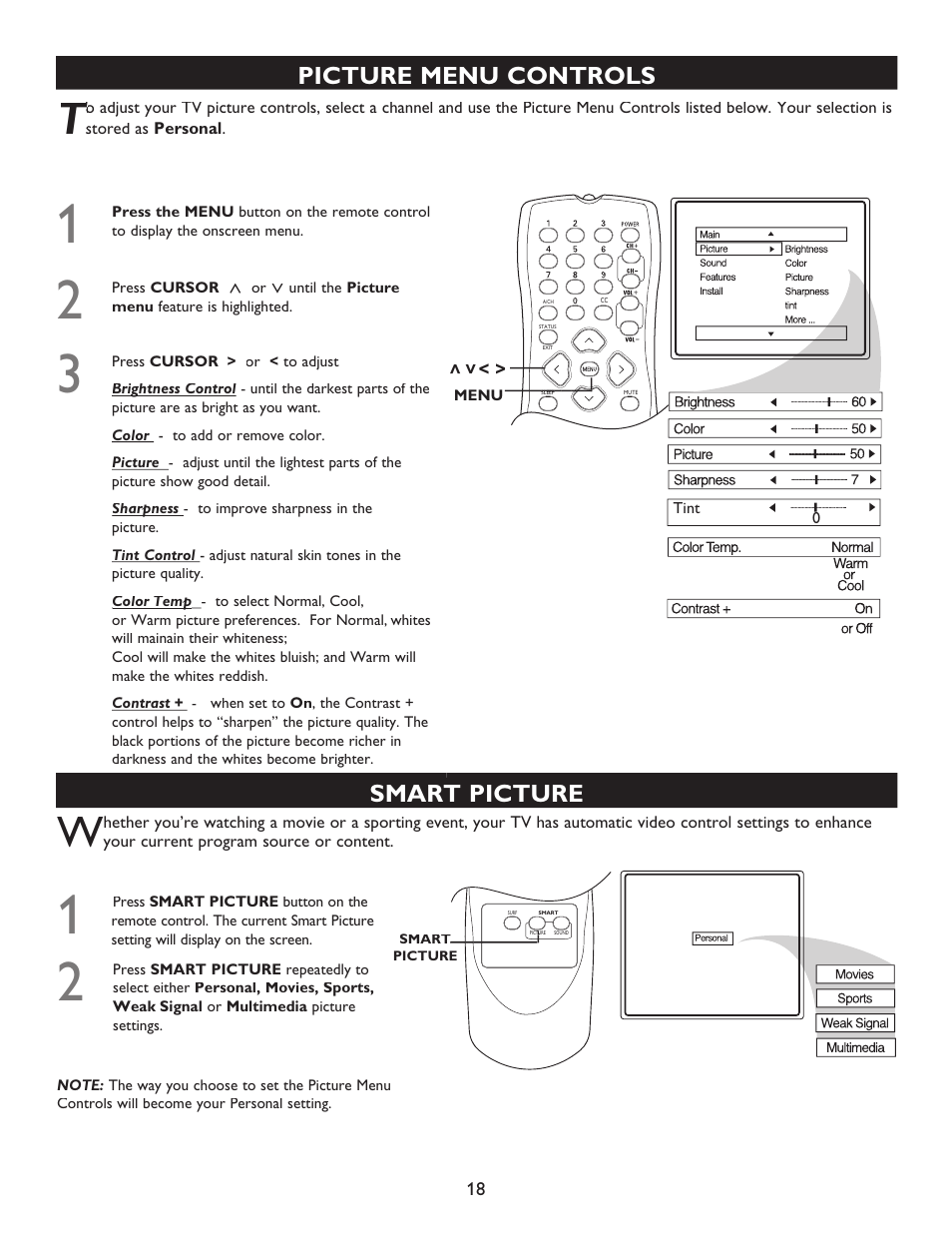 Picture menu controls, Smart picture | Philips Magnavox 20MT4405 User Manual | Page 18 / 34