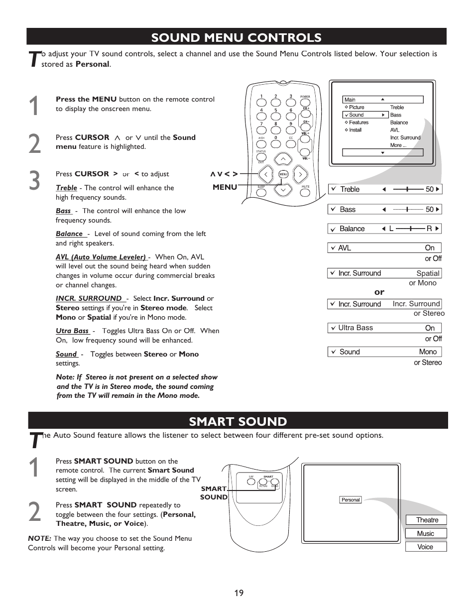 Sound menu controls, Smart sound | Philips Magnavox 20MT4405 User Manual | Page 19 / 34