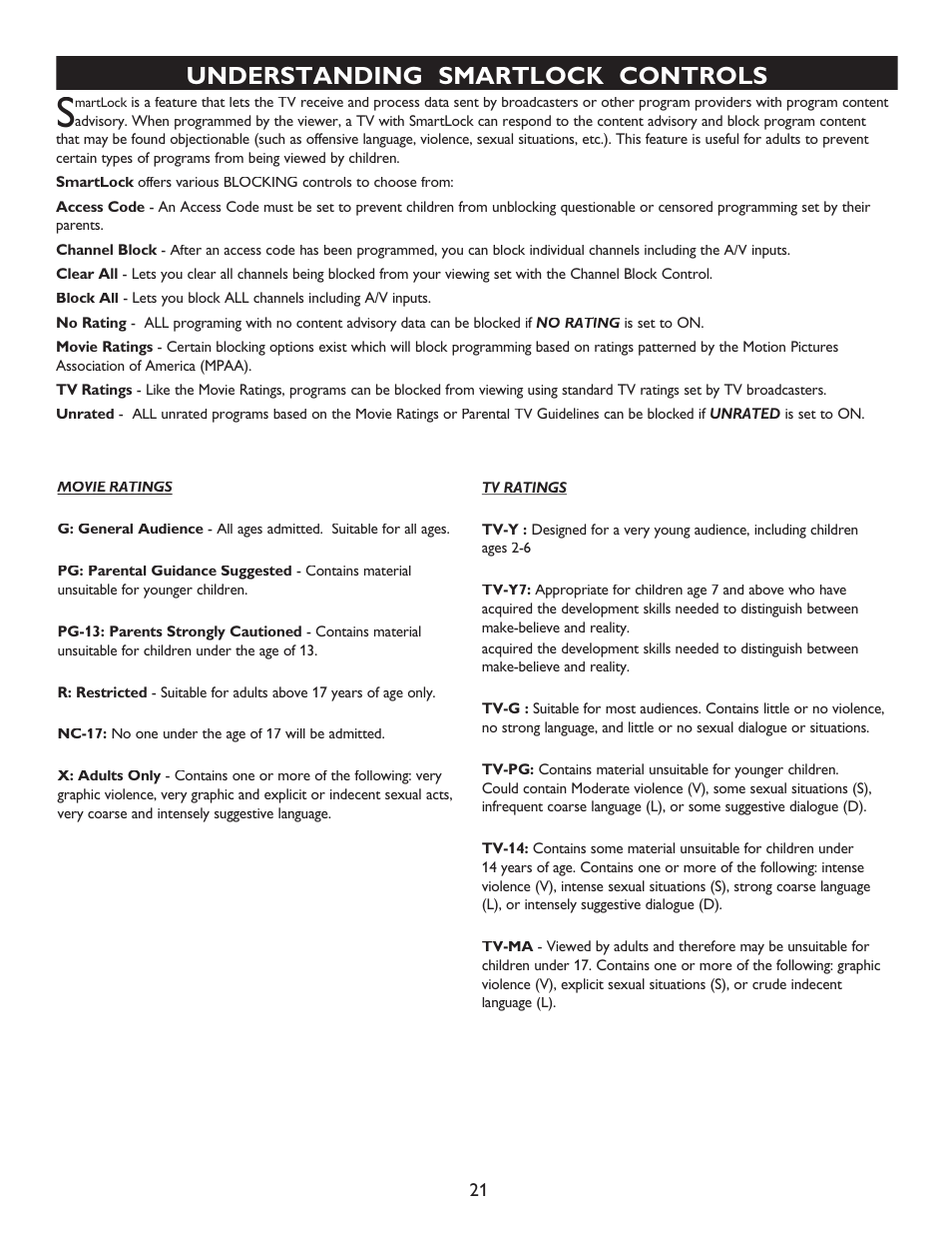 Understanding smartlock controls | Philips Magnavox 20MT4405 User Manual | Page 21 / 34