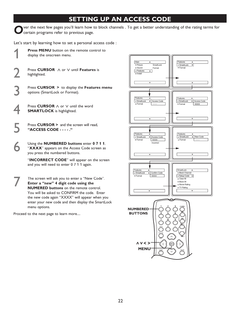 Setting up an access code | Philips Magnavox 20MT4405 User Manual | Page 22 / 34