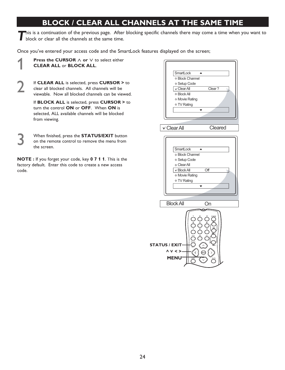 Block / clear all channels at the same time | Philips Magnavox 20MT4405 User Manual | Page 24 / 34