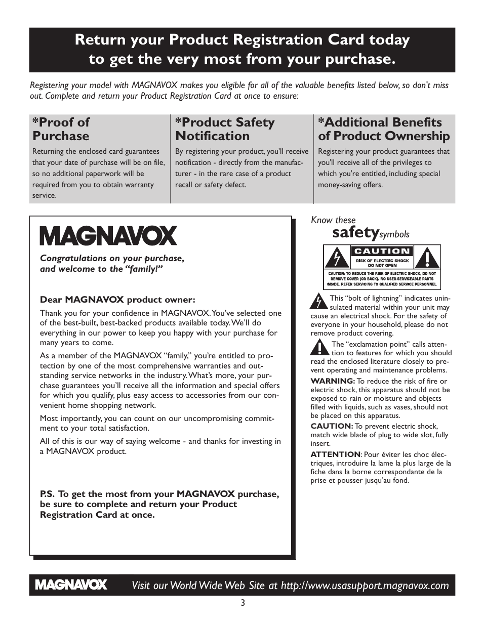 Safety, Proof of purchase, Product safety notification | Additional benefits of product ownership | Philips Magnavox 20MT4405 User Manual | Page 3 / 34