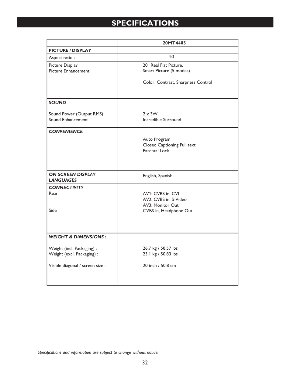 Specifications | Philips Magnavox 20MT4405 User Manual | Page 32 / 34