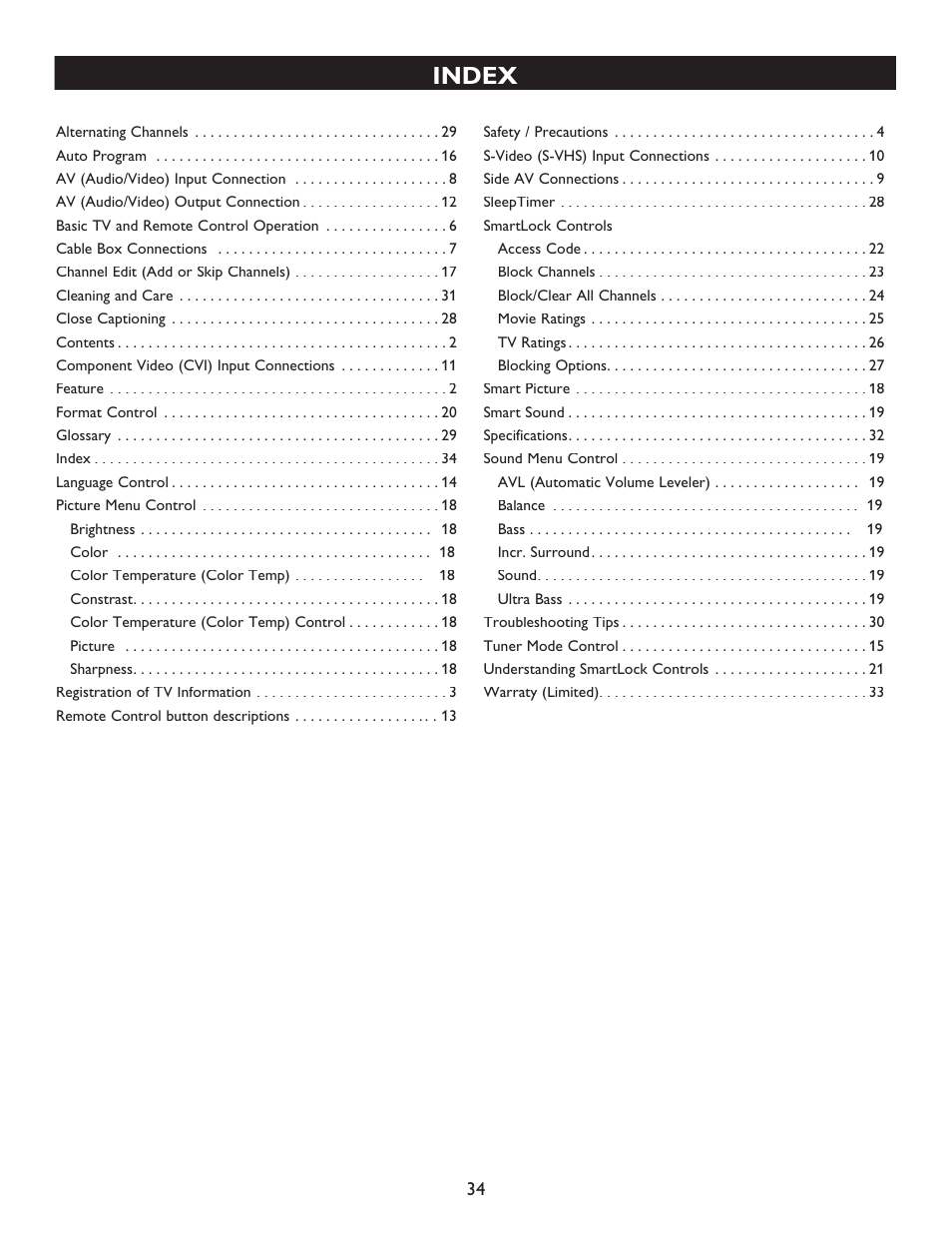 Index | Philips Magnavox 20MT4405 User Manual | Page 34 / 34