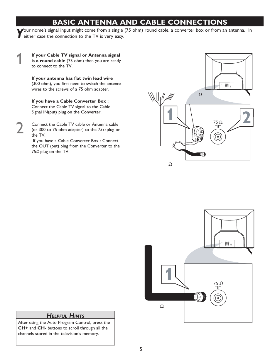 Basic antenna and cable connections | Philips Magnavox 20MT4405 User Manual | Page 5 / 34