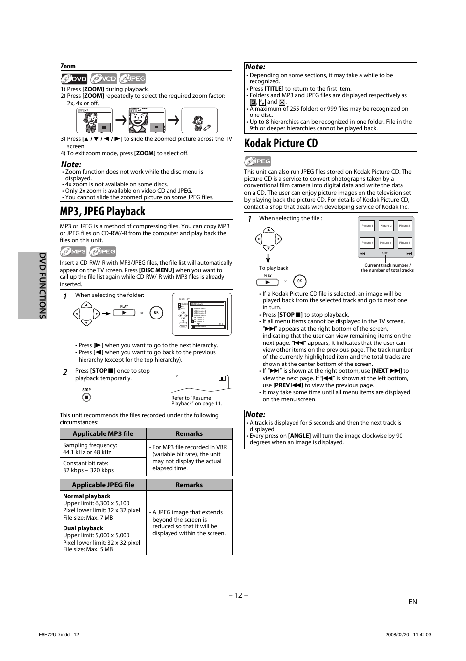 Mp3, jpeg playback, Kodak picture cd, Dvd functions | Zoom, Applicable mp3 file remarks, Applicable jpeg file remarks | Philips Magnavox DP170MW8 User Manual | Page 12 / 28