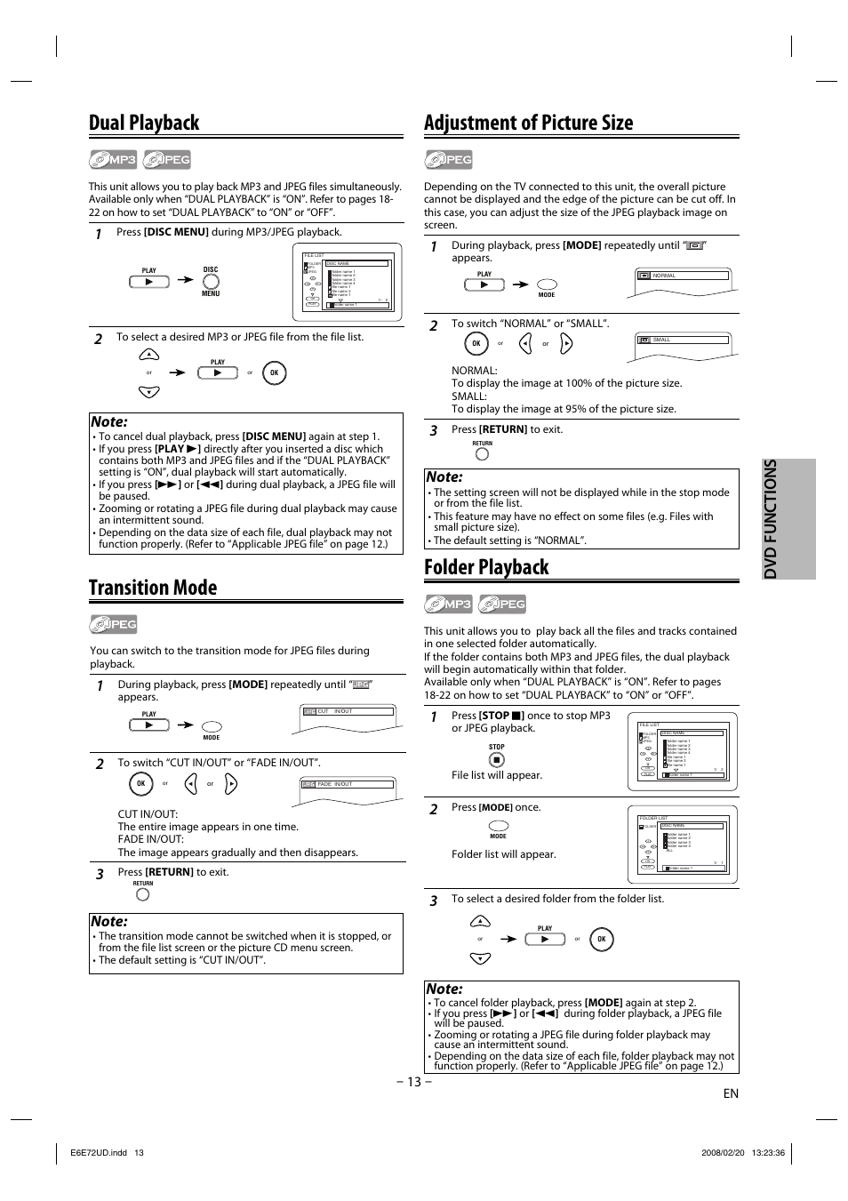 Dual playback, Transition mode, Adjustment of picture size | Folder playback, Dvd functions | Philips Magnavox DP170MW8 User Manual | Page 13 / 28