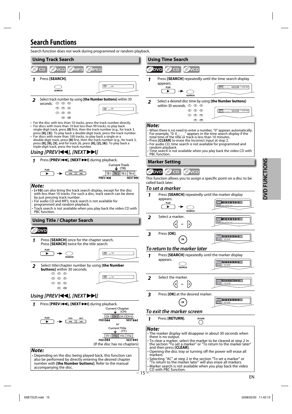 Search functions, Dvd functions, Using [prev | Next, Using track search, Using time search, Marker setting, Using title / chapter search | Philips Magnavox DP170MW8 User Manual | Page 15 / 28