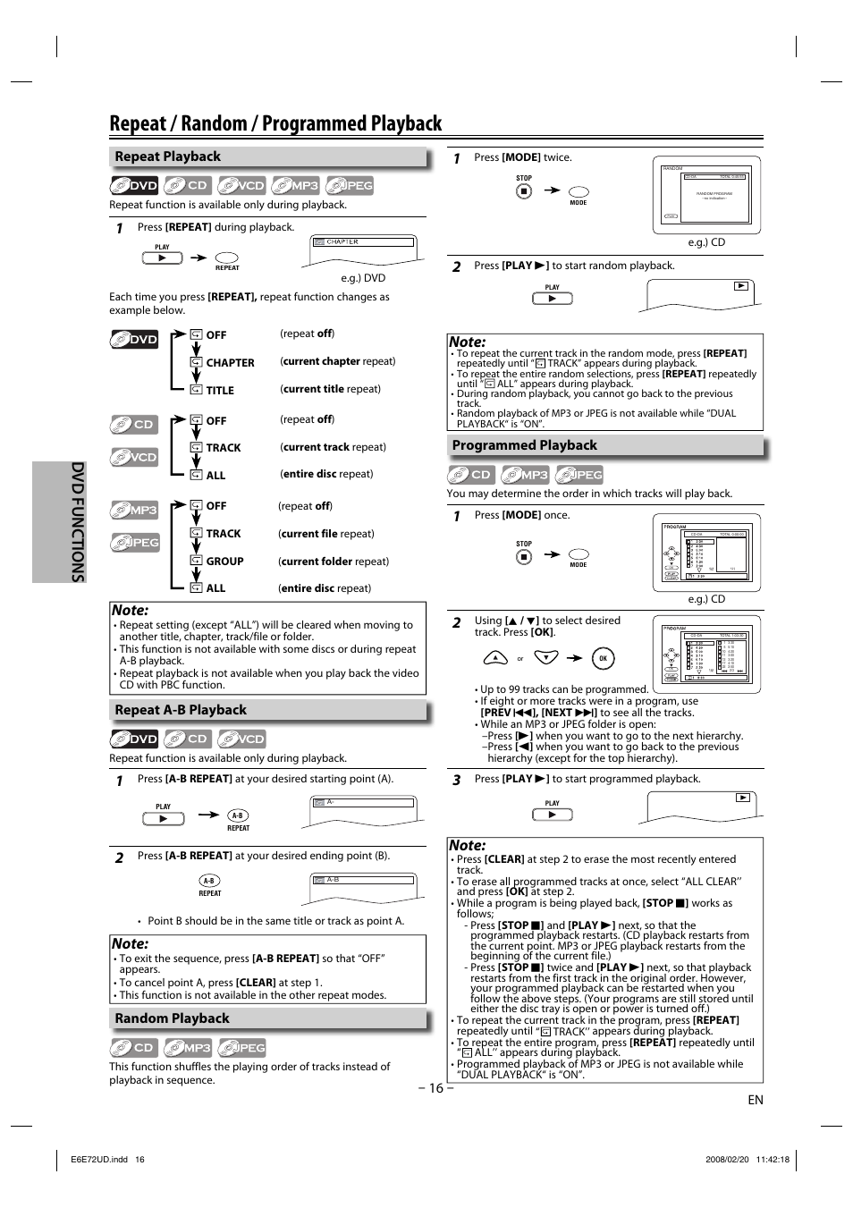 Repeat / random / programmed playback, Dvd functions, Repeat playback | Programmed playback, Random playback, Repeat a-b playback | Philips Magnavox DP170MW8 User Manual | Page 16 / 28