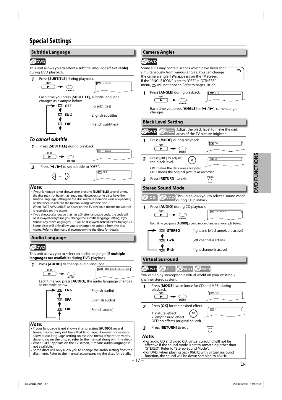 Special settings, Dvd functions, 17 – stereo sound mode | Subtitle language, Camera angles, Black level setting, Virtual surround, Audio language | Philips Magnavox DP170MW8 User Manual | Page 17 / 28