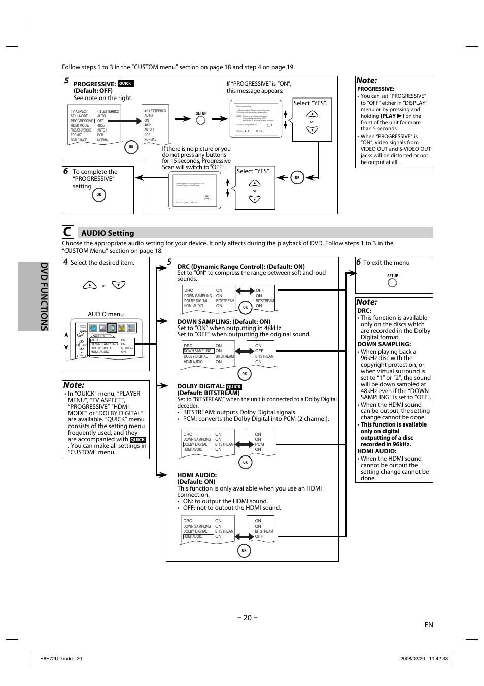 Dvd functions, Audio setting | Philips Magnavox DP170MW8 User Manual | Page 20 / 28