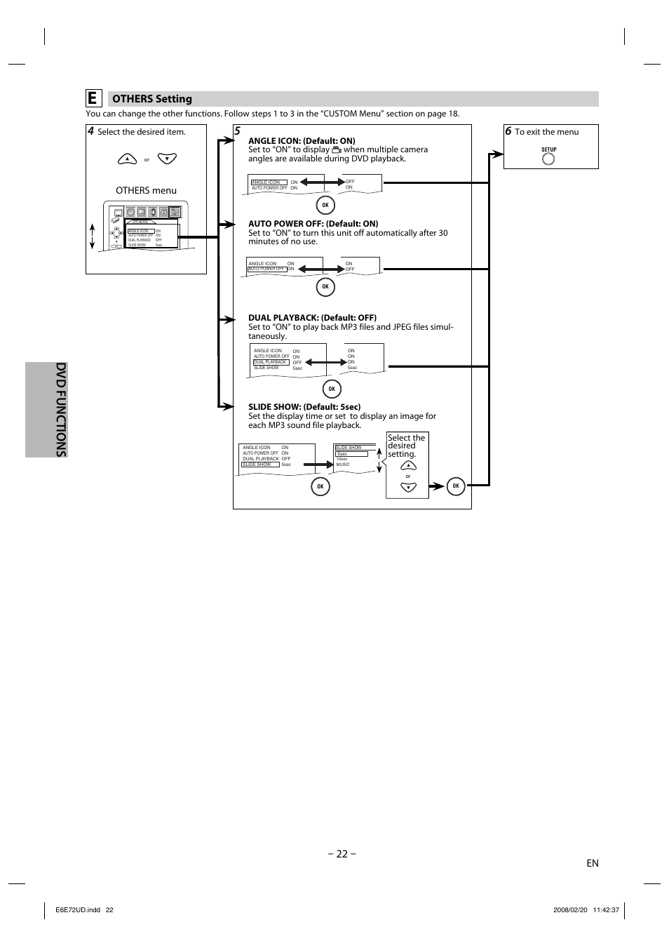 Dvd functions, Others setting, Others menu | Philips Magnavox DP170MW8 User Manual | Page 22 / 28