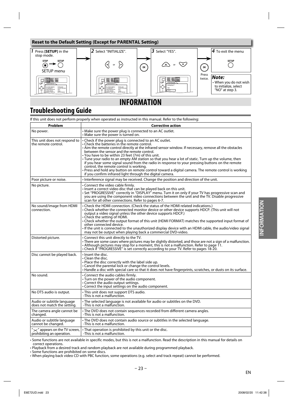 Troubleshooting guide, Information, Setup menu | Philips Magnavox DP170MW8 User Manual | Page 23 / 28