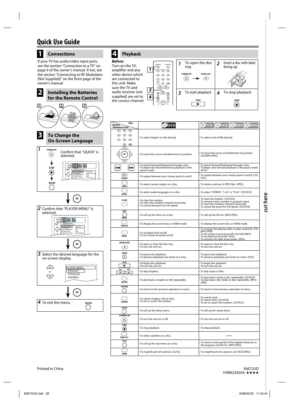 Quick use guide, Cut here, Connections playback | Installing the batteries for the remote control, Confirm that “quick” is selected, Confirm that “player menu” is selected, Insert a disc with label facing up | Philips Magnavox DP170MW8 User Manual | Page 28 / 28