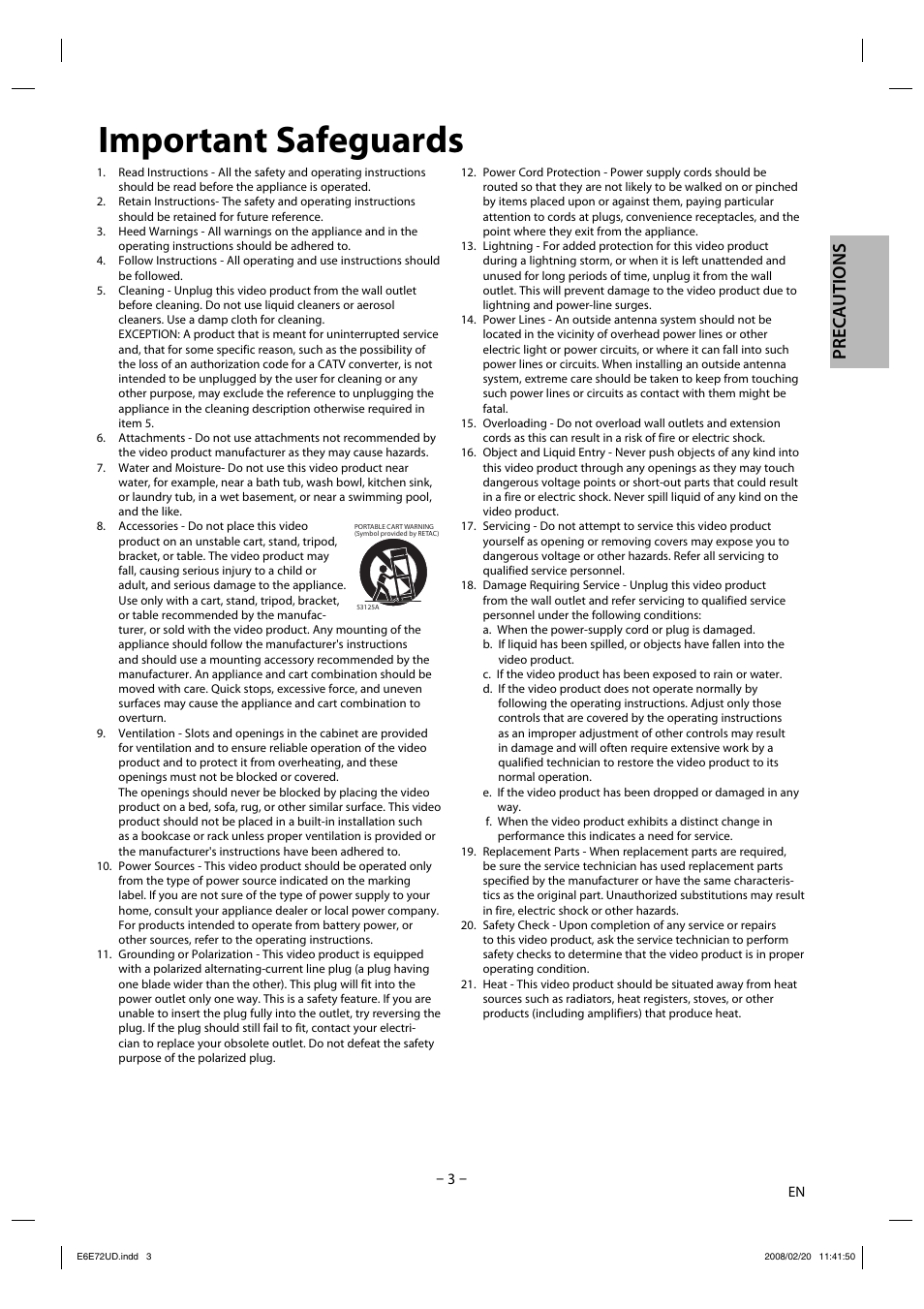 Important safeguards, Precautions | Philips Magnavox DP170MW8 User Manual | Page 3 / 28