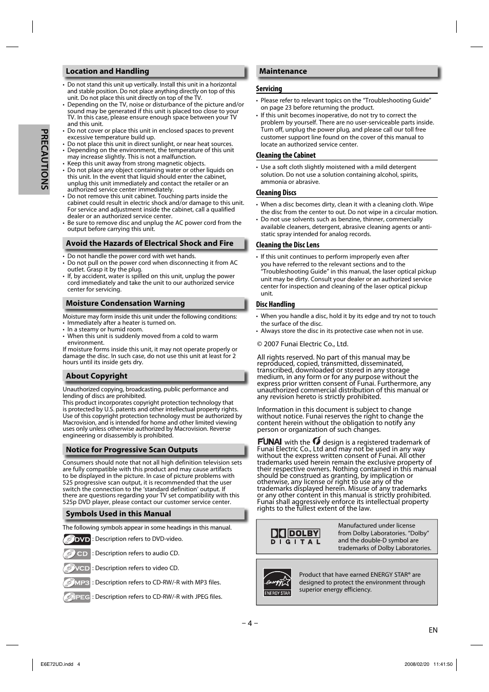 Precautions | Philips Magnavox DP170MW8 User Manual | Page 4 / 28