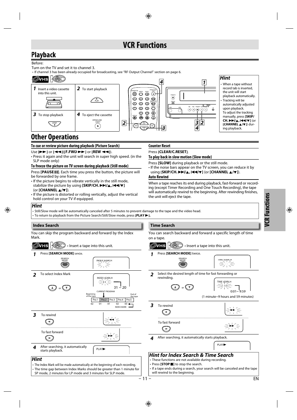 Vcr functions, Playback y, Other operations p | Vcr funct ions, Hint, Hint for index search & time search, Index search, Time search, Counter reset, Auto rewind | Philips Magnavox DVD/CD Player with Video Cassette Recorder CMWD2206 A User Manual | Page 11 / 26